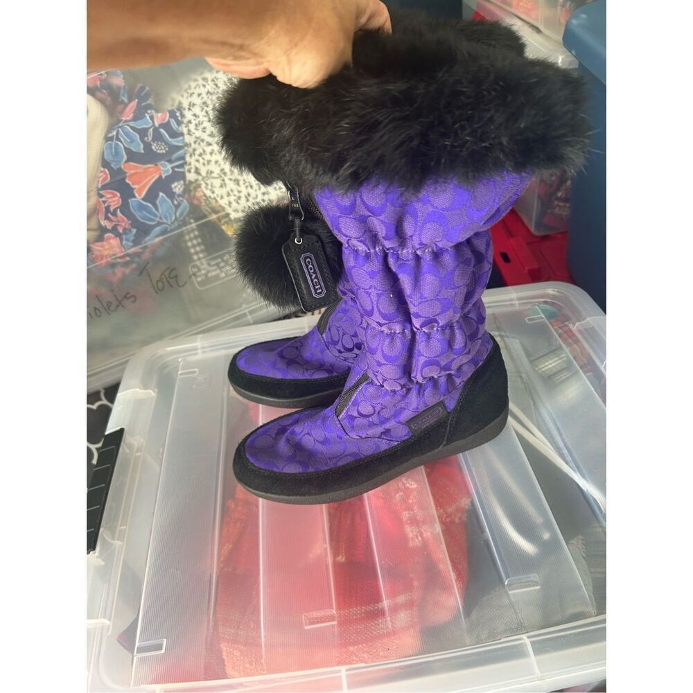 COACH Women's Purple Theona Signature Jacquard Rabbit Fur Winter Boots - Picture 5 of 9